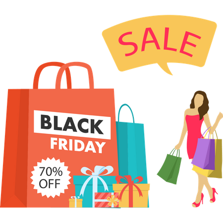 Girl is shopping with 70% discount  일러스트레이션