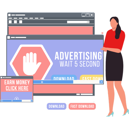 Girl is showing 5 second wait ad on browser.  Illustration