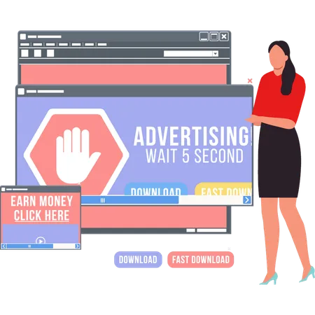 Girl Is Showing 5 Second Wait Ad On Browser Illustration