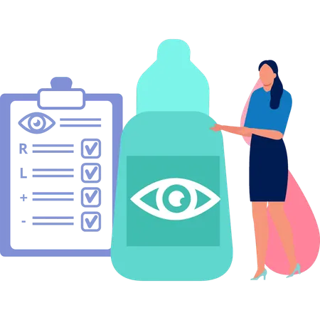 Girl is showing a bottle of medical eye drops  Illustration