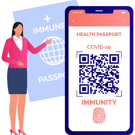 Girl Is Showing About Health Passport On QR Code Illustration