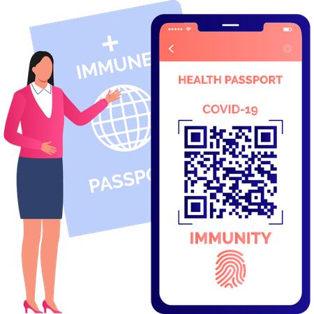 Girl is showing about health passport on QR code  Illustration