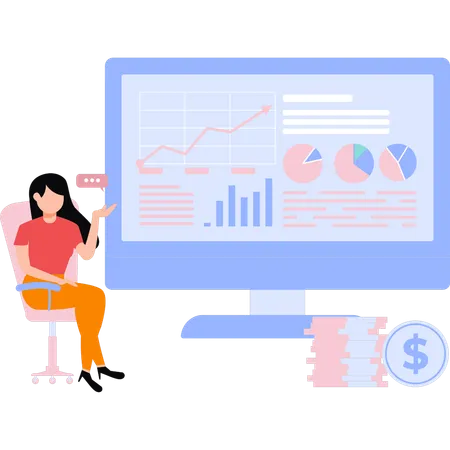 Girl Is Showing Business Graph On Monitor Illustration