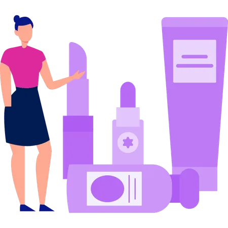 Girl is showing different beauty products  Illustration