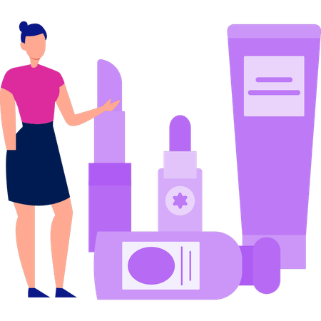 Girl is showing different beauty products  Illustration