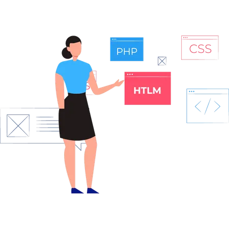 Girl is showing HTML, PHP and CSS coding  Illustration
