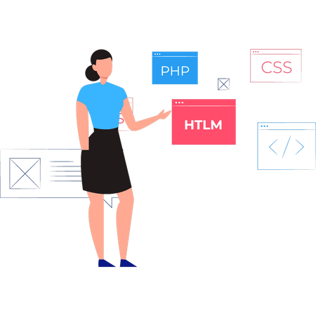 Girl is showing HTML, PHP and CSS coding Illustration