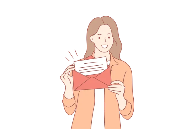 Post Gift Advertising Promotion Concept Young Happy Woman Girl Cartoon Character Holds Red Envelope With Letter Giving Voucher Card And Promotion Strategy Or Discount Coupon Gifting Certificate Illustration