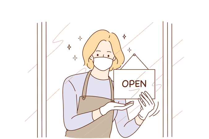 Girl is showing open signboard  Illustration