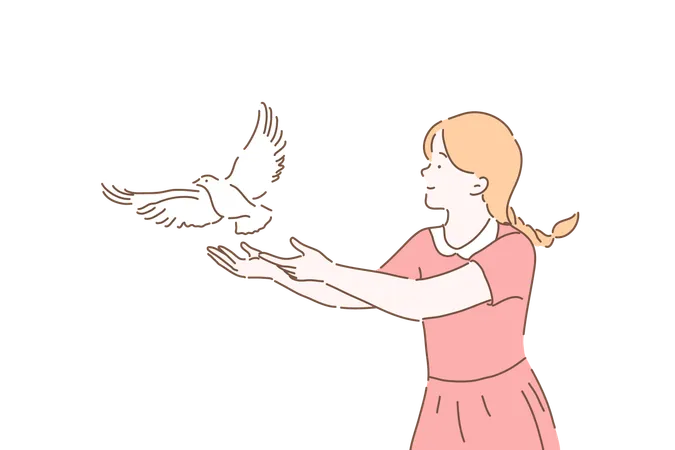 Peace Symbol Freedom Metaphor Concept Girl Letting Go White Dove Cute Kid Setting Free Pigeon With Open Arms Gesture Female Volunteer Taking Care Of Birds Simple Flat Vector Illustration