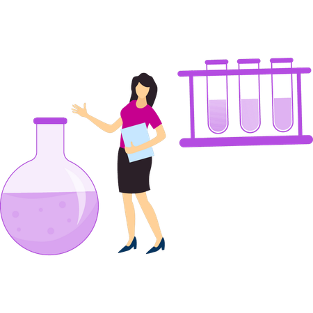 Girl is showing round bottom flask  イラスト