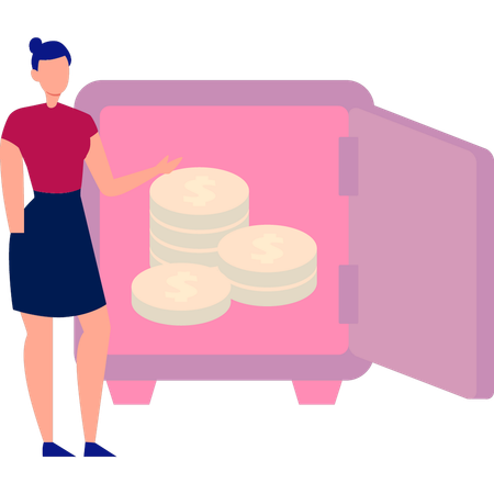 Girl is showing the coins in the safe  Illustration