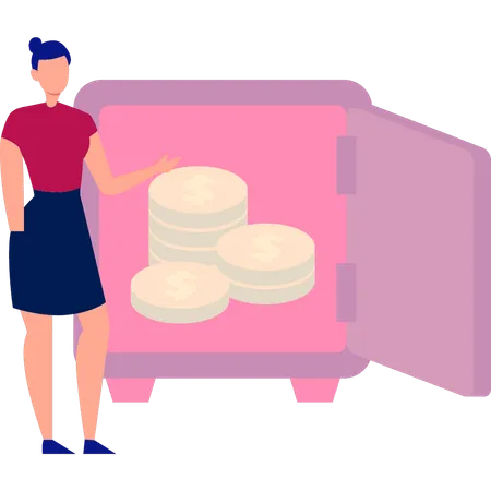 Girl is showing the coins in the safe  Illustration