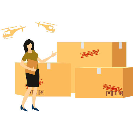 Girl is showing the delivering of humanitarian aid packages  Illustration