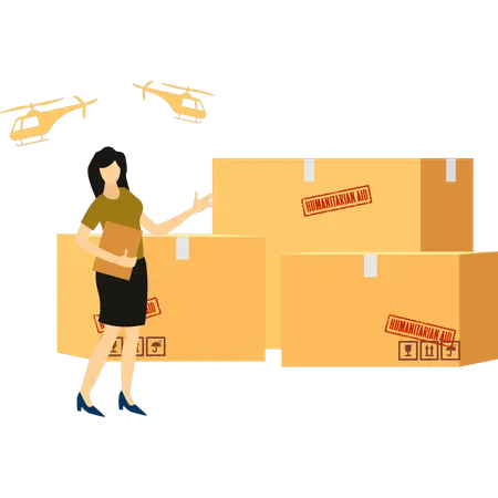 A Girl Is Showing The Delivering Of Humanitarian Aid Packages Illustration