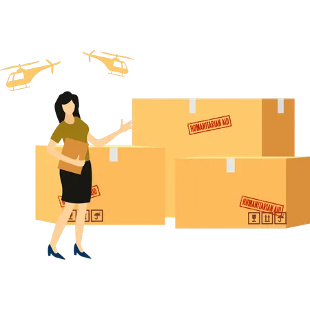 Girl is showing the delivering of humanitarian aid packages  Illustration