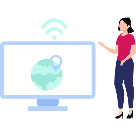 The Girl Is Showing The Global Wi Fi Location Illustration