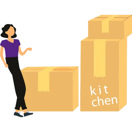 Girl is showing the kitchen parcel boxes  Illustration