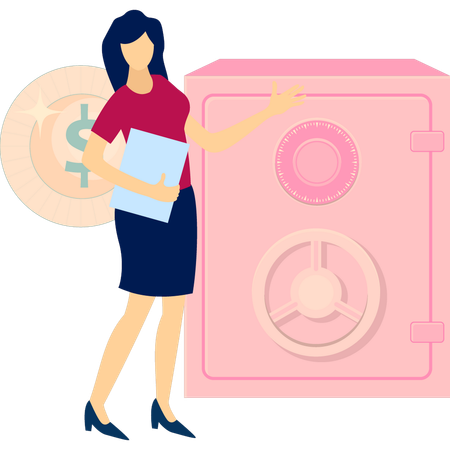 Girl is showing the safe box  Illustration