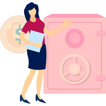 Girl is showing the safe box  Illustration