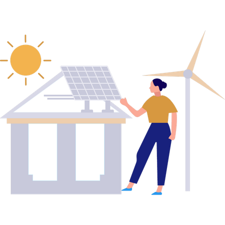 Girl is showing the solar panel plate on the roof of the house  Illustration