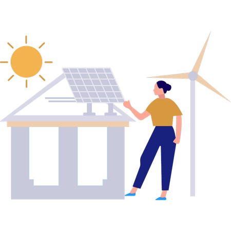 Girl is showing the solar panel plate on the roof of the house  Illustration