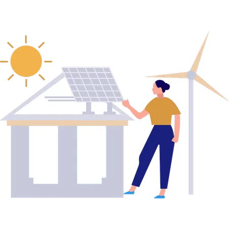 Girl is showing the solar panel plate on the roof of the house  Illustration