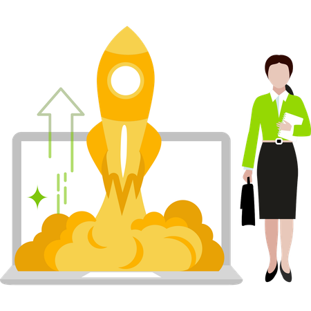 Girl is showing the startup rocket on the laptop  Illustration