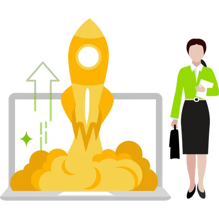 Girl is showing the startup rocket on the laptop  Illustration