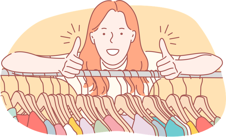 Girl is showing thumbs up while selecting clothes  Illustration