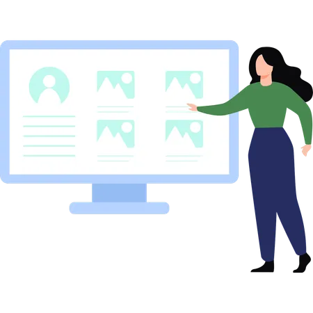 Girl is showing user profile on monitor  Illustration