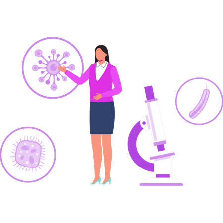Girl is showing virus in microscope  일러스트레이션