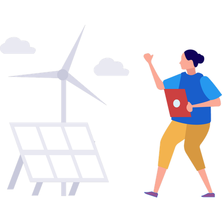 Girl is showing windmill near panel plate  Illustration