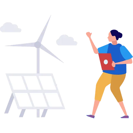 Girl is showing windmill near panel plate  Illustration