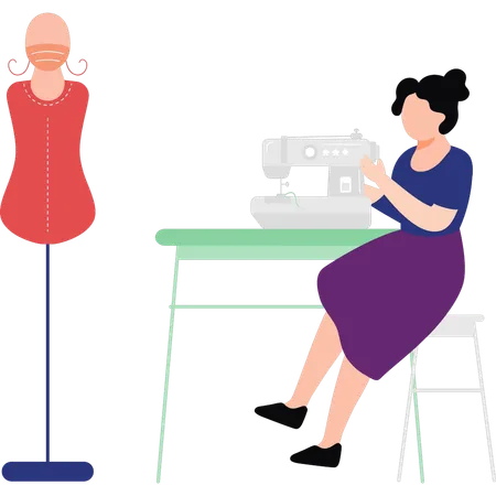 The Girl Is Sitting By The Sewing Machine Illustration