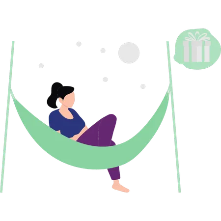 Girl is sitting on a hammock dreaming of a gift  Illustration