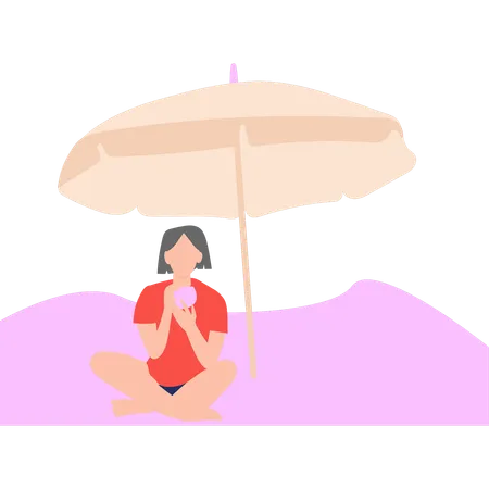 A Girl Is Sitting On Beach In Summer Illustration