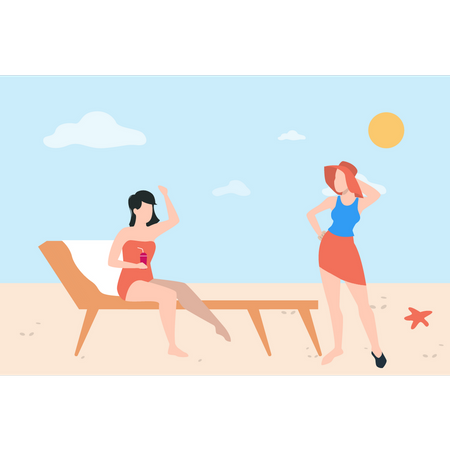 Girl is sitting on deck chair and enjoying on beach  Illustration