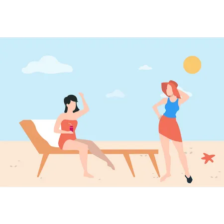 Girl is sitting on deck chair and enjoying on beach  Illustration
