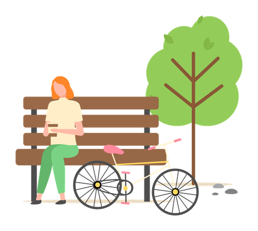 Girl is sitting on garden bench with her bicycle  Illustration