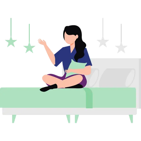 Girl is sitting on the bed  Illustration