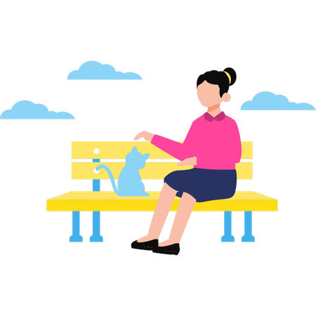 Girl is sitting on the bench with the cat  Illustration