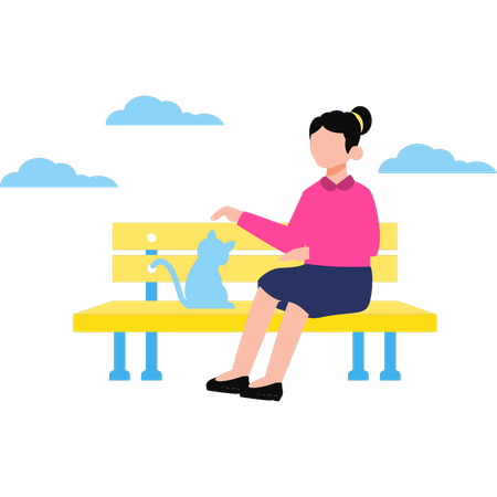 Girl is sitting on the bench with the cat  Illustration