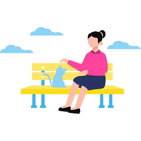 Girl is sitting on the bench with the cat  Illustration