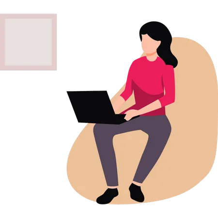 Girl is sitting on the couch using her laptop  Illustration