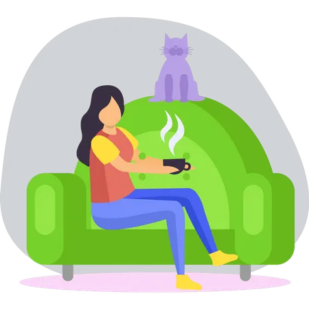Girl is sitting with cup of tea  Illustration