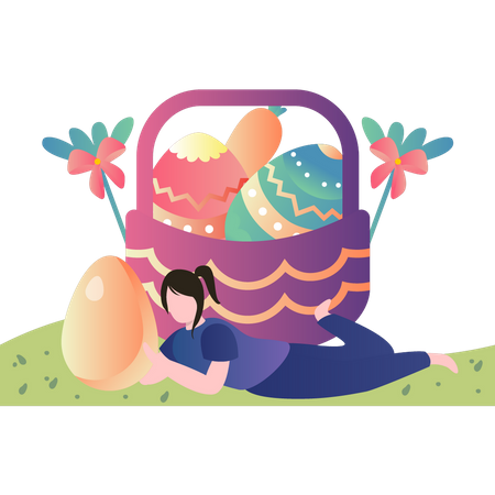 Girl is sitting with Easter eggs Illustration