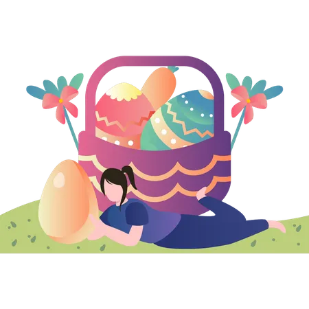 Girl is sitting with Easter eggs  Illustration