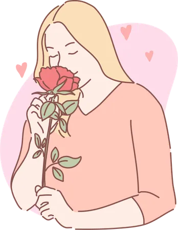 Girl is smelling rose flower  Illustration