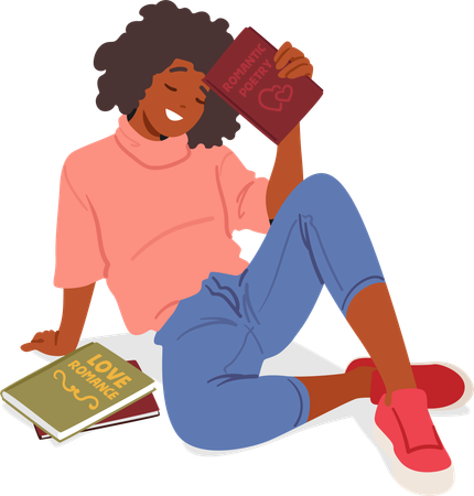 Girl is smiling while reading love book  Illustration